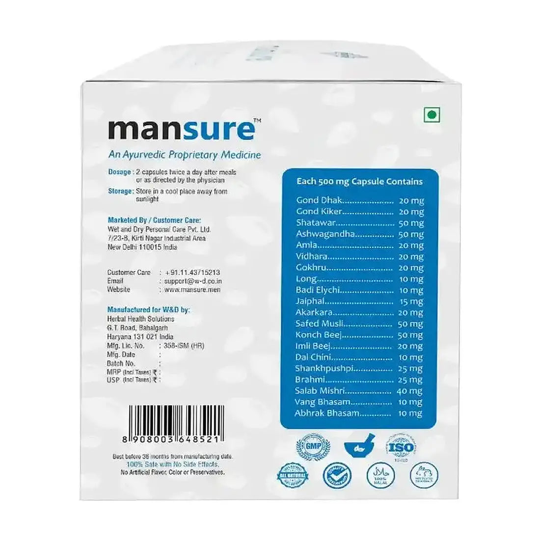 ManSure Reproductive Supplement for Men - 100 Capsules Shipped Worldwide - Herbo-Mineral Ayurvedic Male Health Supplement