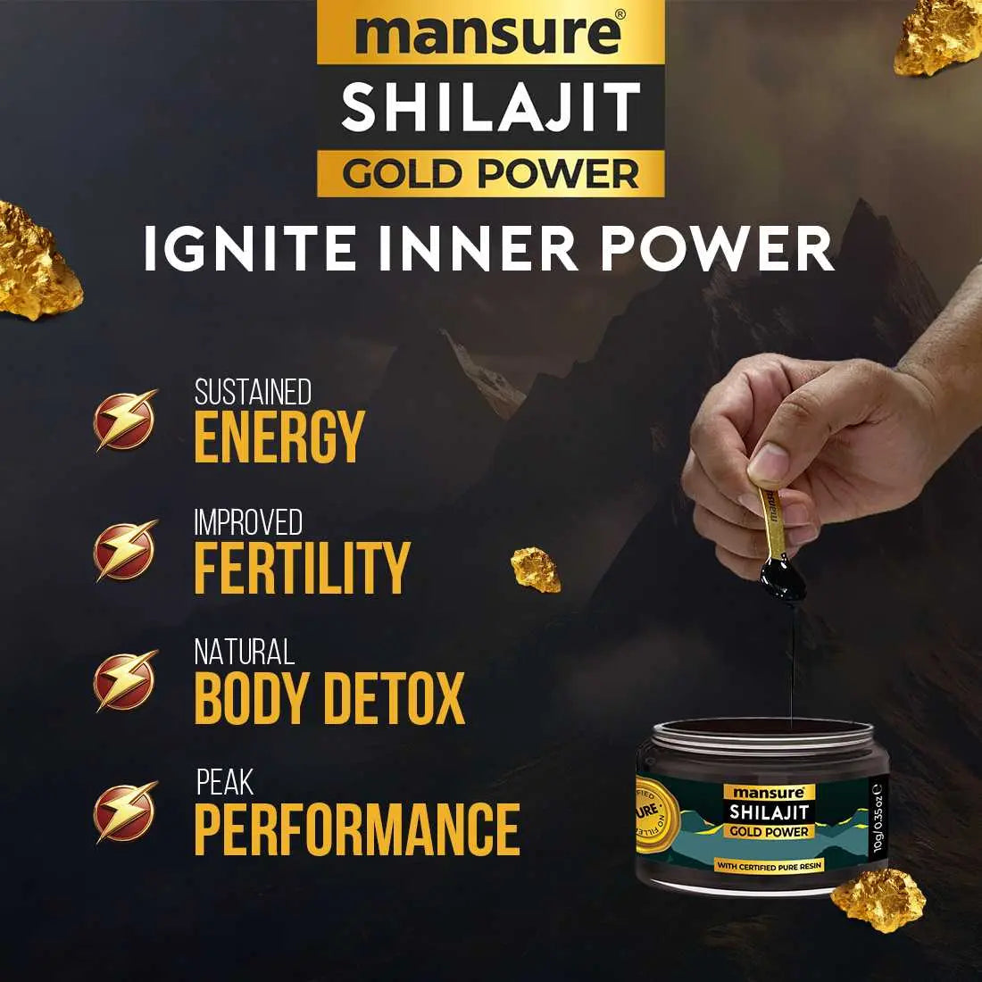 ManSure Shilajit Gold Power Resin with Swarna Bhasma, Ashwagandha, Gokhru and Kali Musli for Sustained Energy, Immune and Antioxidant Support ManSure