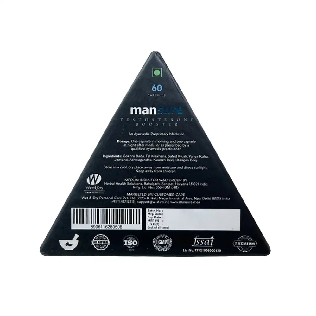 ManSure TESTOSTERONE BOOSTER for Men's Health 60 Capsules - Herbo-Mineral Ayurvedic Male Health Supplement is Shipped Worldwide